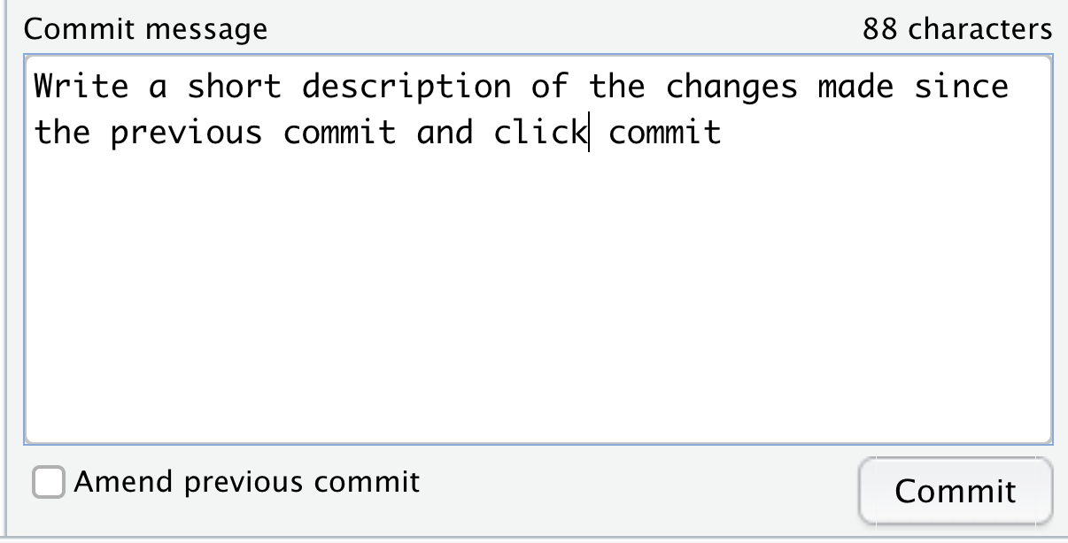 Screenshot of the window that pops open to write a commit message in RStudio.