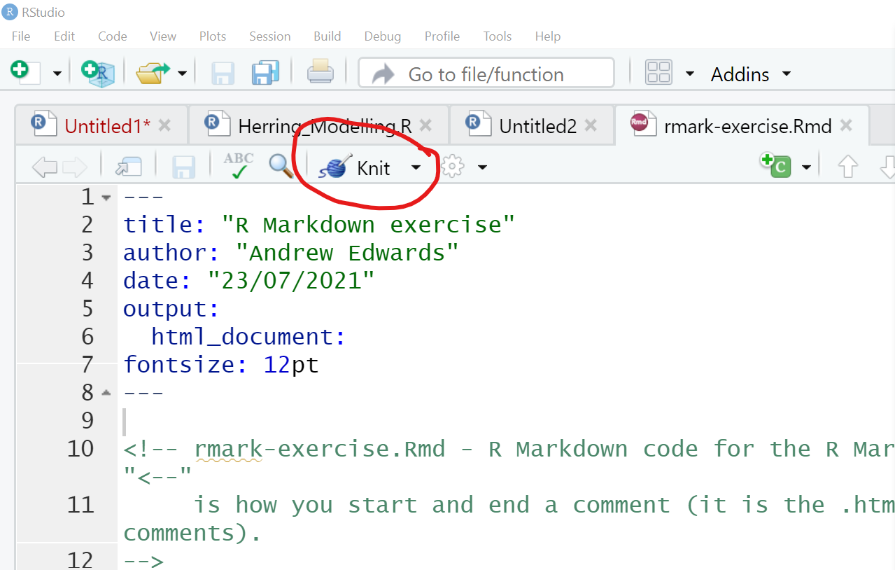 Screenshot highlighting the knit button in RStudio.