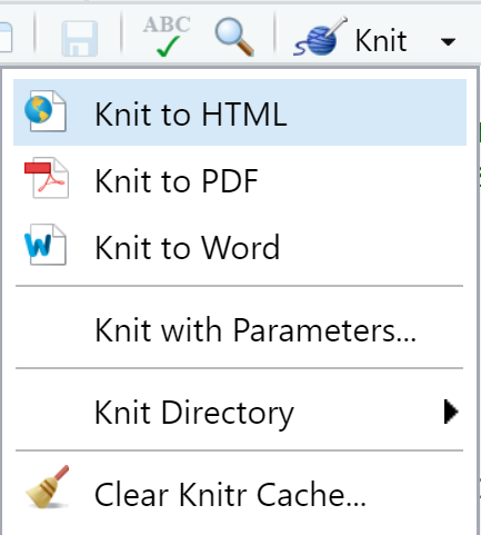 Screenshot showing knit options in RStudio.