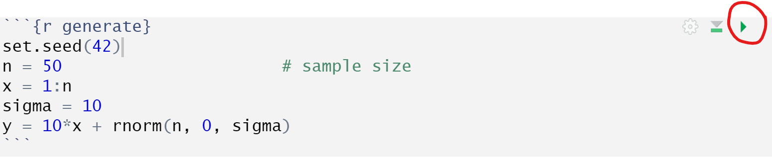 Screenshot highlighting the green triangle run a chunk in RStudio.