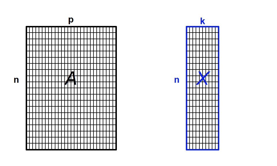 This figure shows one wide grid labelled 'A' and one narrow grid labelled 'X'. The wide grid  represents the original data while the narrow grid is the reduced data.