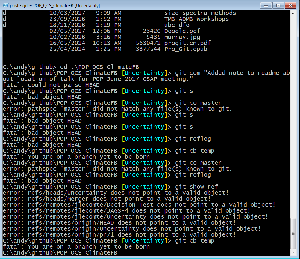 Screenshot of error messages you can get if you mess with the .git directory, as just described.