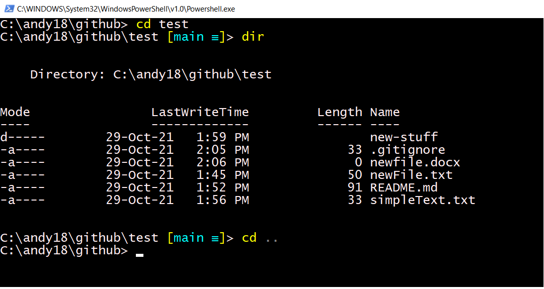 Screenshot of showing that dir command lists the directory contents, and cd.. moves back up.